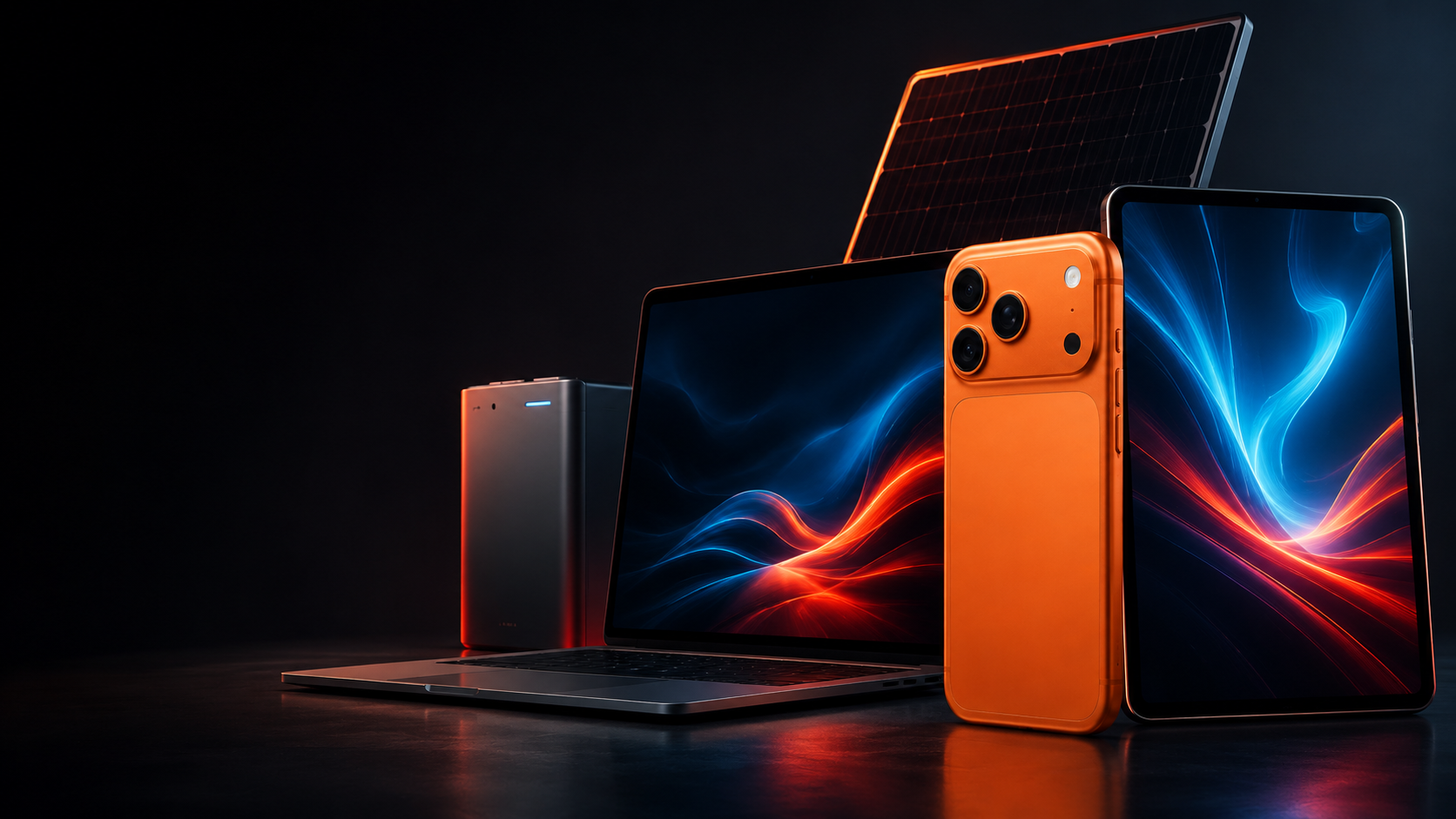 Modernes Smartphone, Tablet, Notebook, Solarpanel und Energiespeicher ohne Herstellerlogos